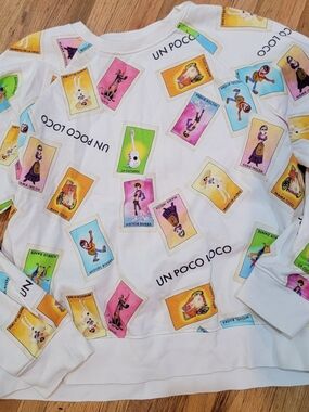 Disney Coco White "Un Poco Loco" Graphic Sweatshirt with Colorful Cards